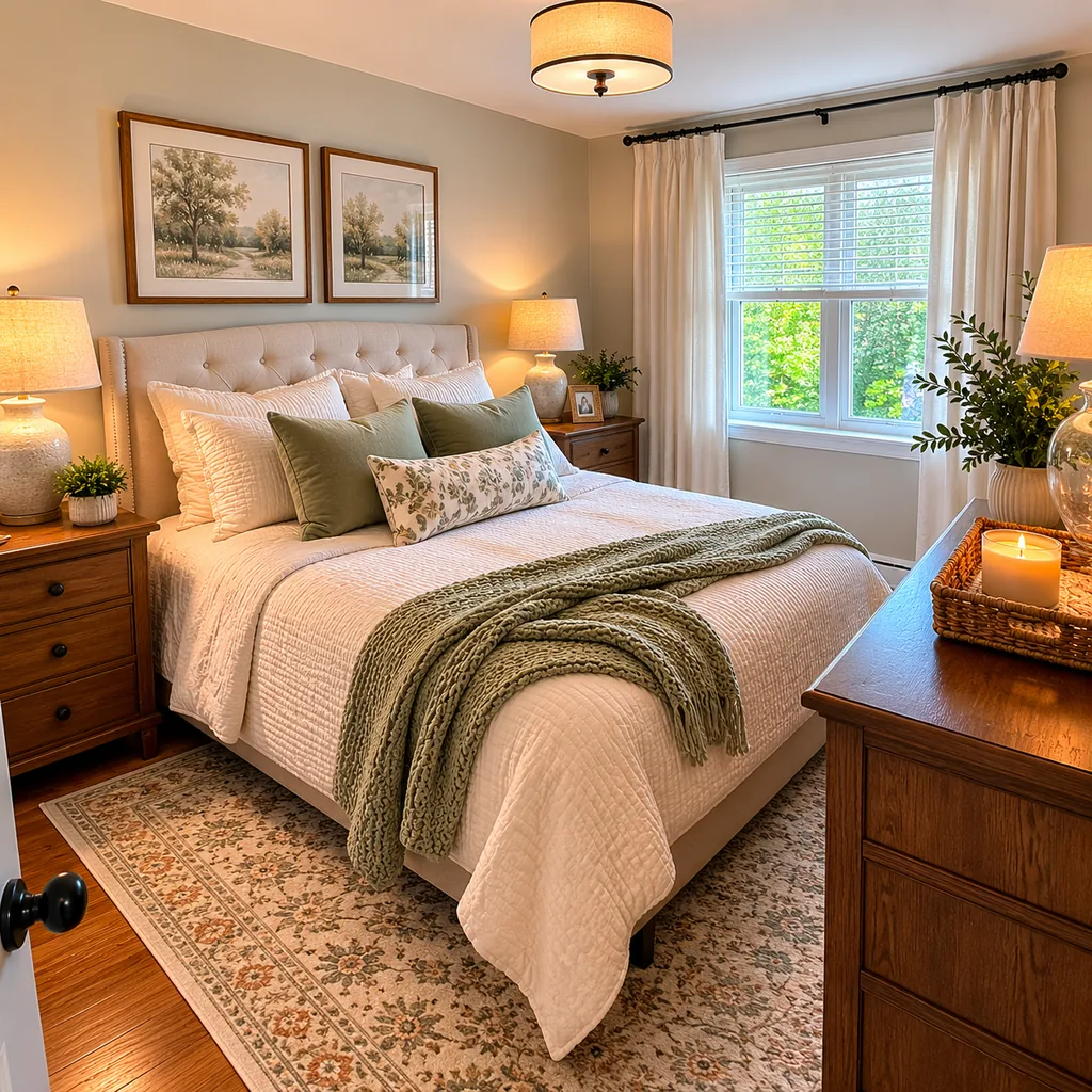 Realistic editorial photo of a compact American bedroom with bed, nightstands, window, dresser, and tight walkways showing furniture pulled slightly off the wal