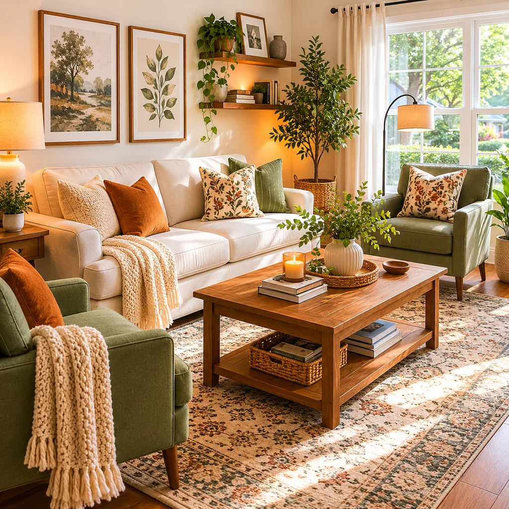 Realistic editorial photo of a compact living room with sofa, chairs, rug, coffee table, and window light showing enough table space for real life