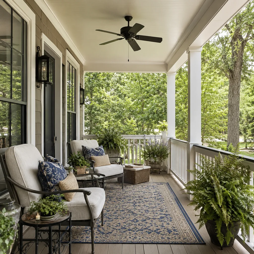 Realistic editorial photo of a covered porch with chairs, ceiling fan, plants, side tables, rug, and outdoor living details showing hardware that matches the ho