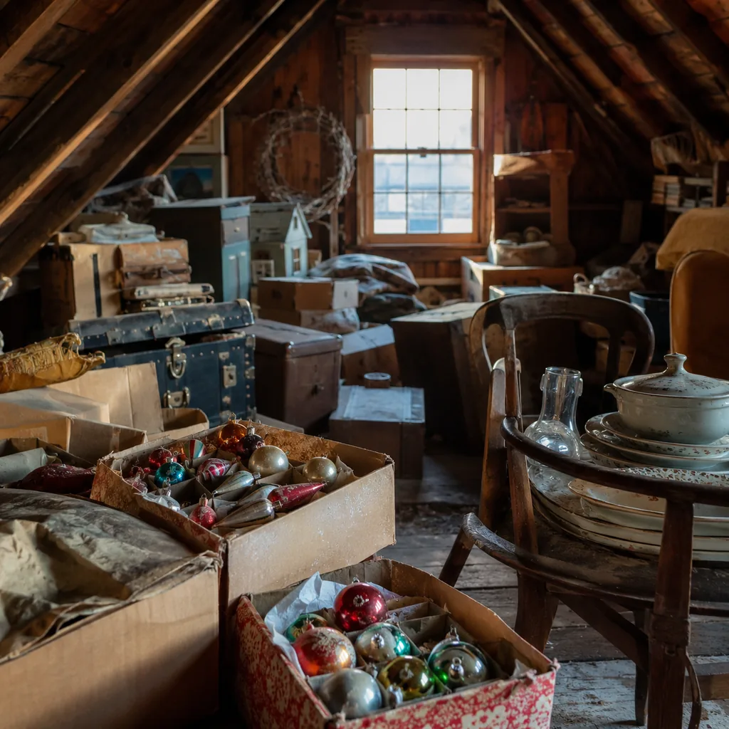 Realistic editorial photo of a dusty attic with boxes, old furniture, vintage kitchenware, and warm window light showing old christmas ornaments in boxes