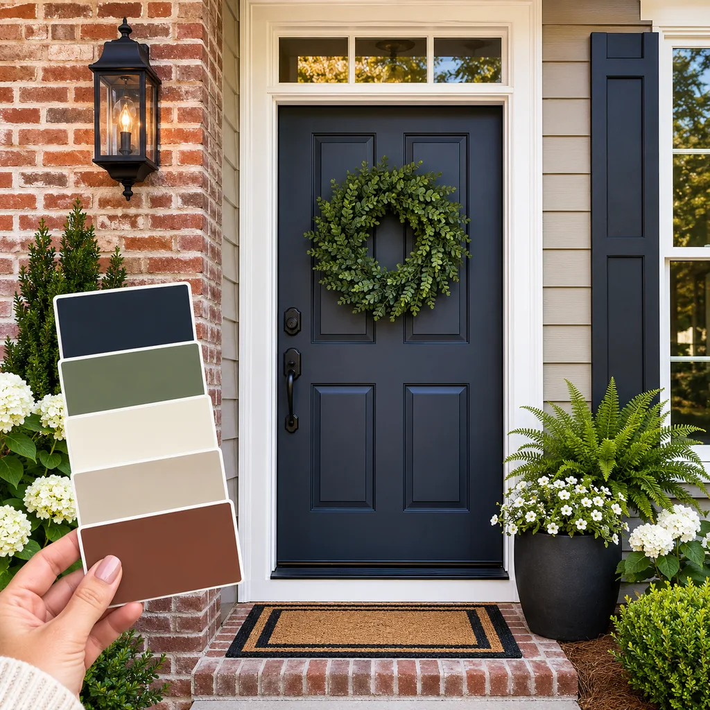 Realistic editorial photo of a front entry with door paint samples, brick, siding, plants, and trim showing palette with no bridge color