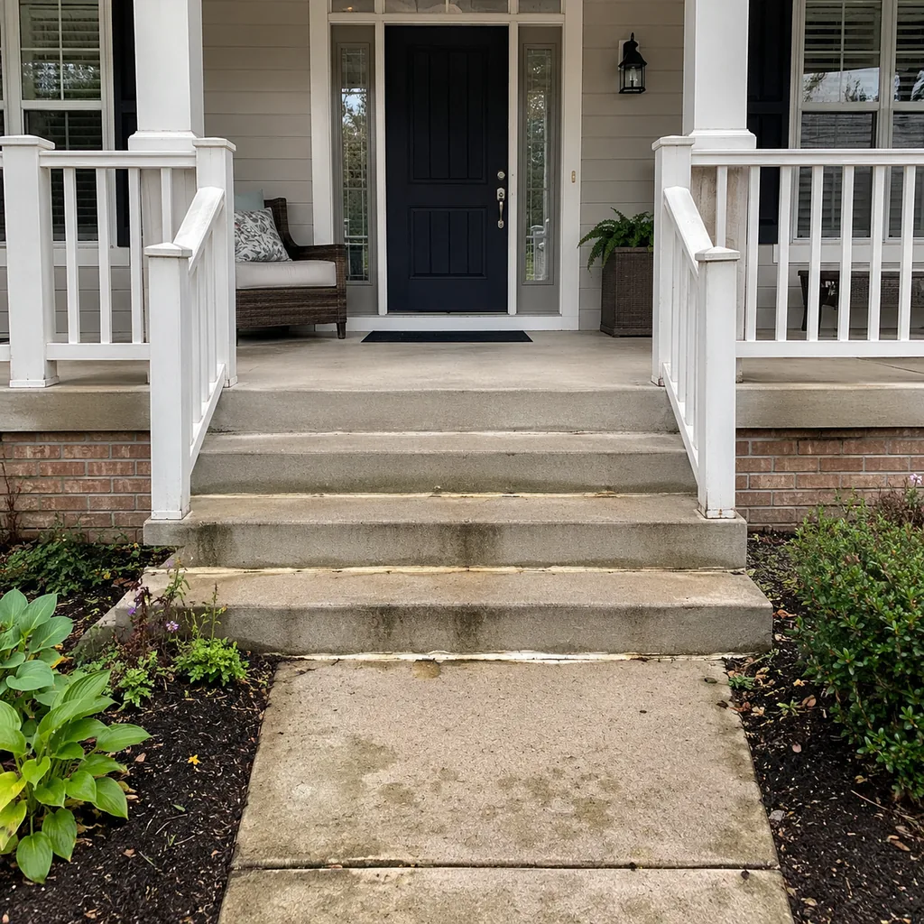 Realistic editorial photo of a front porch prepared for a home showing with steps, door, railings, seating, and curb appeal issues showing old caulk around wet 
