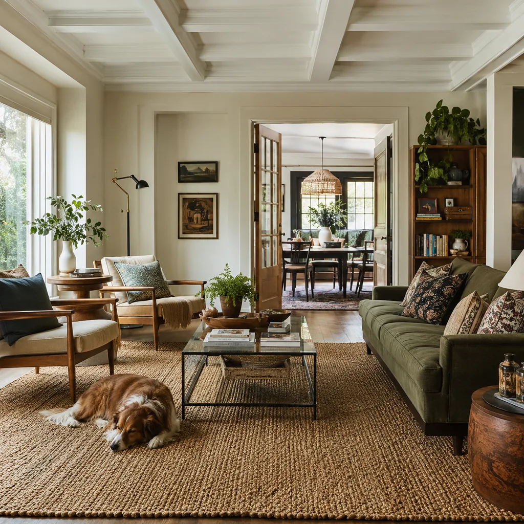 Realistic editorial photo of a home interior with vintage decor, modern furniture, warm wood, patterned accents, and layered lighting showing natural fiber rugs