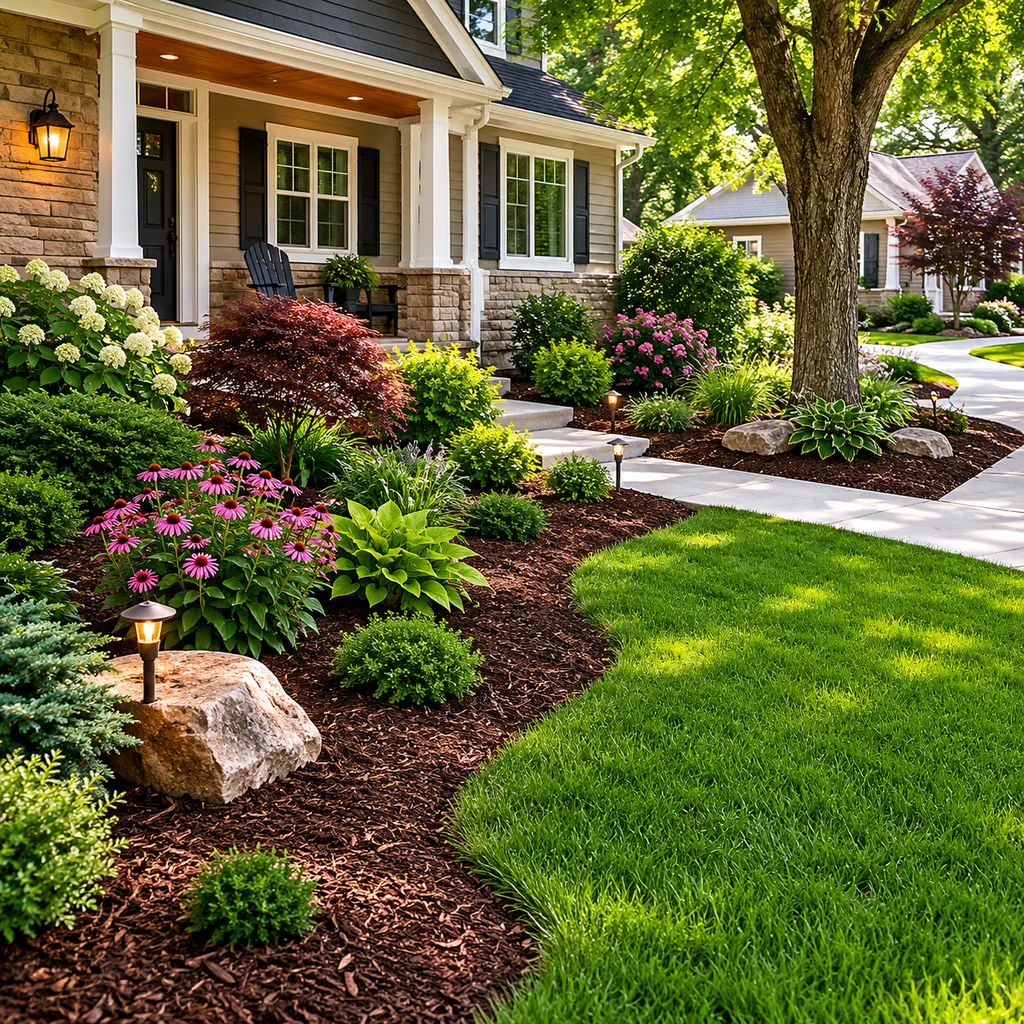 Realistic editorial photo of a landscaped American front yard with lawn, shrubs, mulch beds, trees, walkway, and house exterior showing mulch beds with no shape