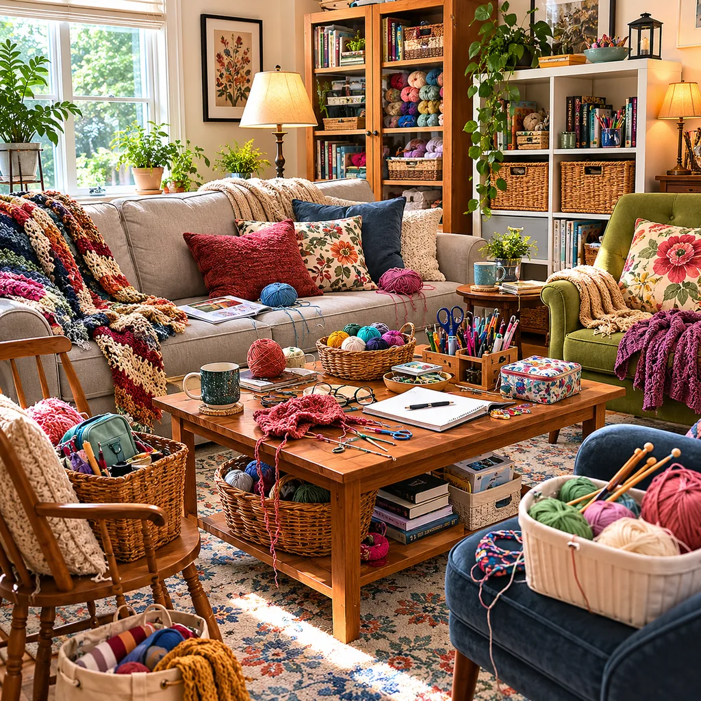 Realistic editorial photo of a living room with crowded surfaces, extra chairs, baskets, blankets, cords, and storage furniture showing hobby supplies without a