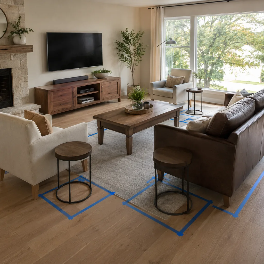 Realistic editorial photo of a living room with sofa, chairs, rug, TV, windows, and taped layout marks showing side tables within reach of seats