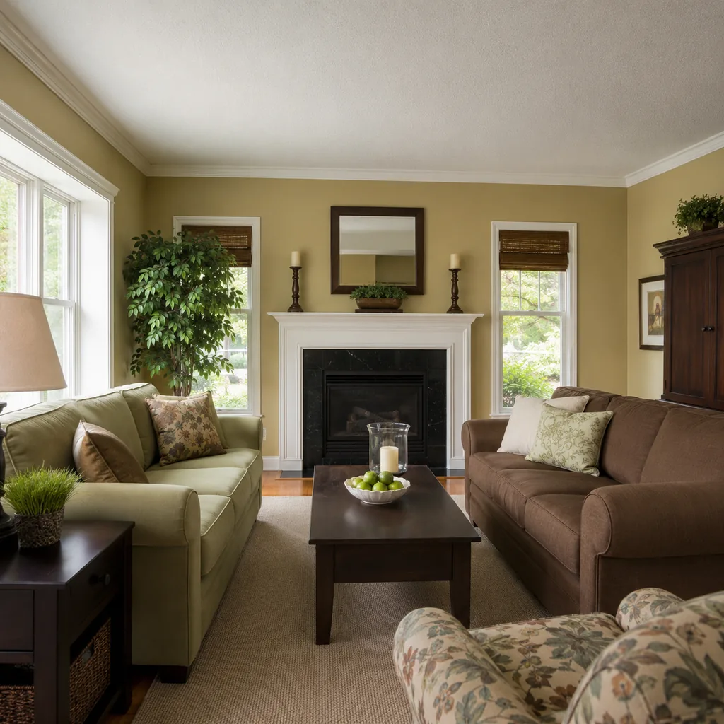 Realistic editorial photo of a living room with sofas in different upholstery colors, pillows, wall paint, and daylight showing safe color that still dates the 