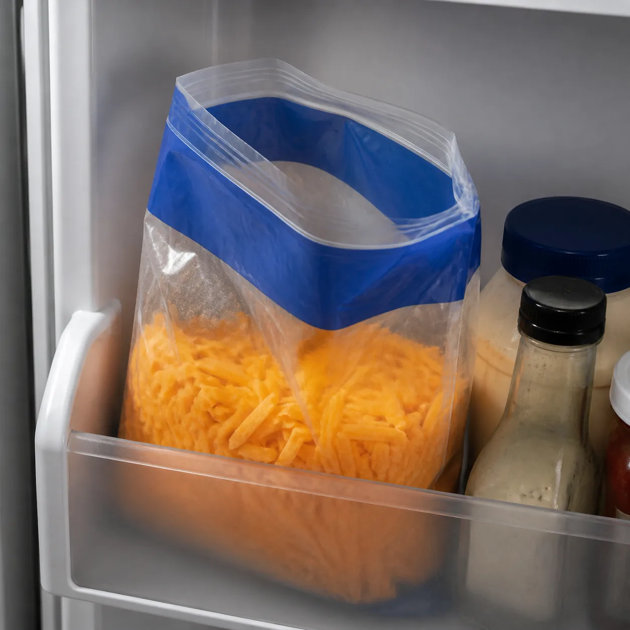 Realistic editorial photo of a partly opened bag of shredded cheddar in a refrigerator door shelf, shredded cheese visib