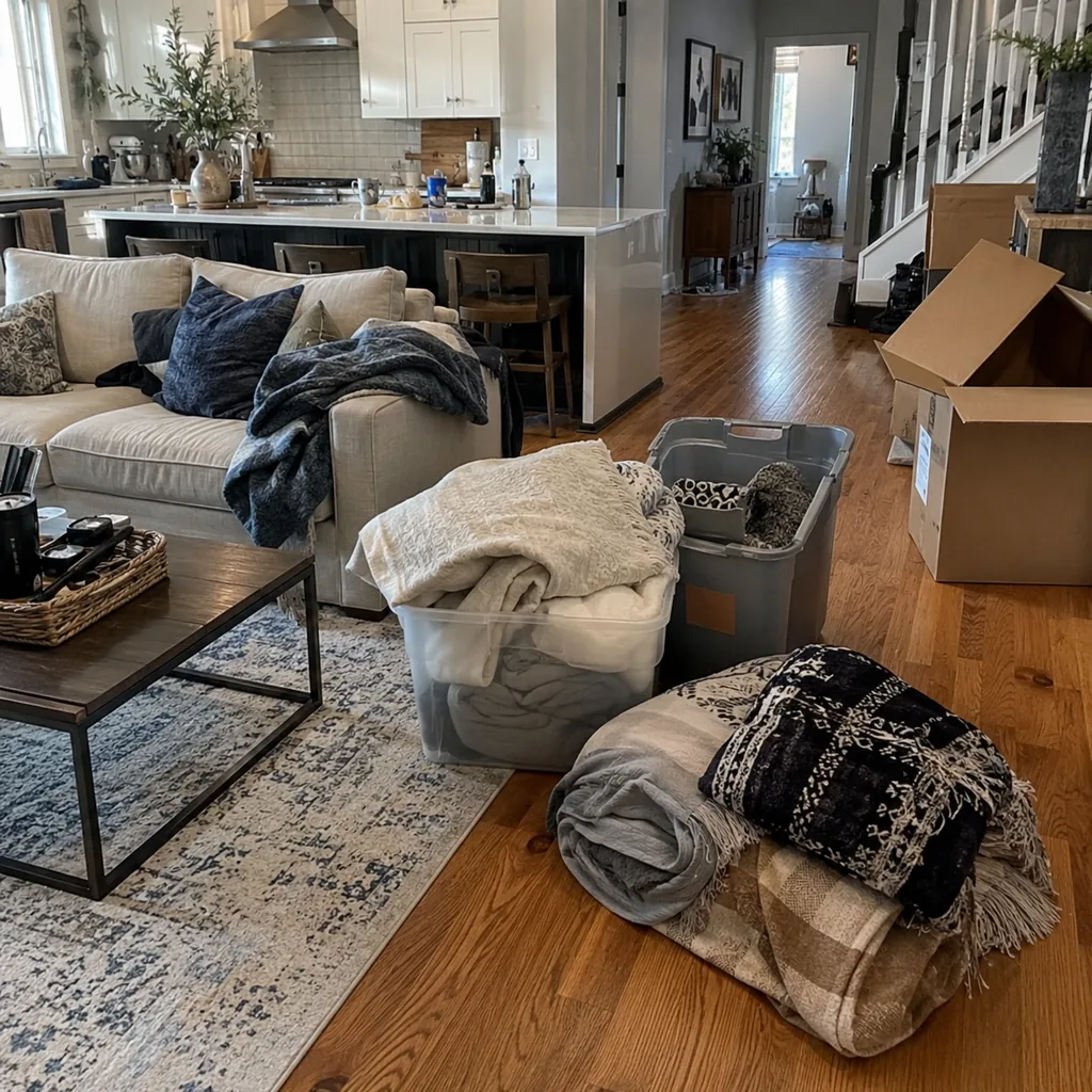 Realistic editorial photo of a realistic cluttered living room and kitchen area with boxes, counters, shelves, and organizing bins showing blankets that have no