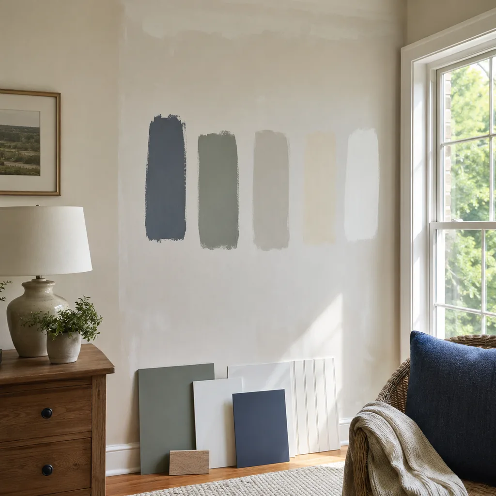 Realistic editorial photo of a room with paint swatches, sample boards, wall colors, trim, furniture, and daylight showing testing paint without primer