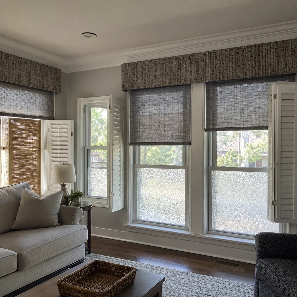 Realistic editorial photo of a room with windows, shades, shutters, woven panels, privacy film, and soft natural light showing short valances making ceilings lo