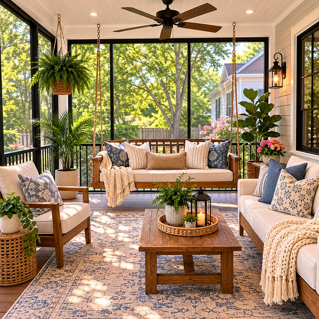 Realistic editorial photo of a screened porch with sofa, chairs, rug, plants, ceiling fan, screens, and soft daylight showing porch swing with enough clearance