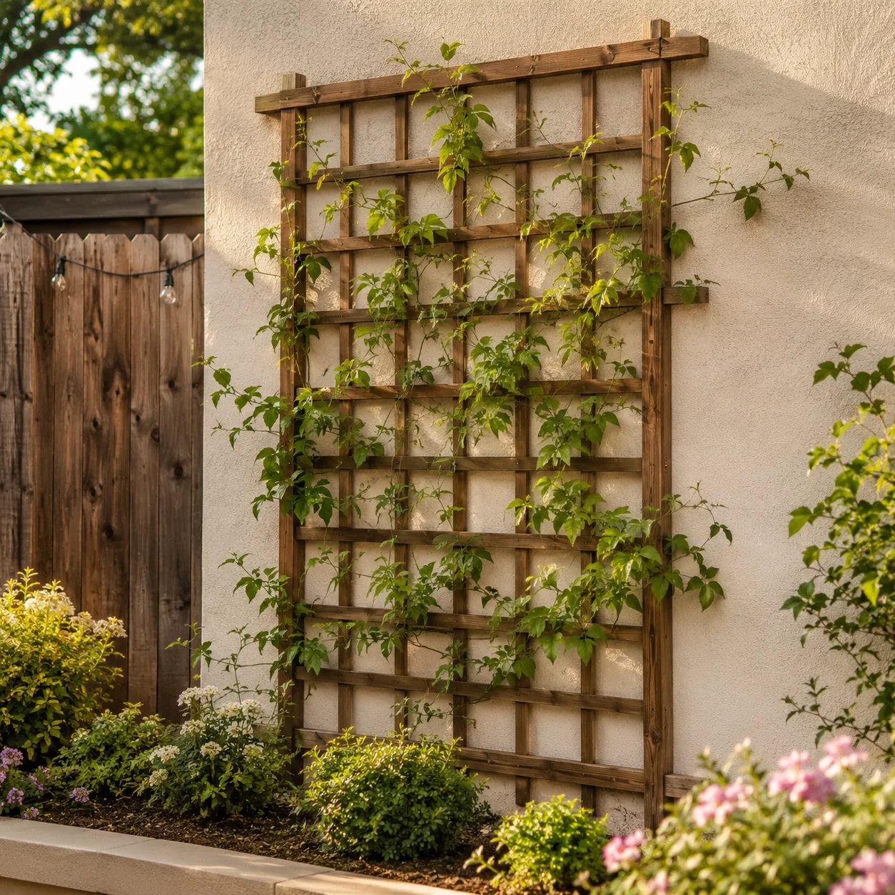 Realistic editorial photo of a simple trellis panel in budget backyard weekend upgrade, realistic editorial photo, natur