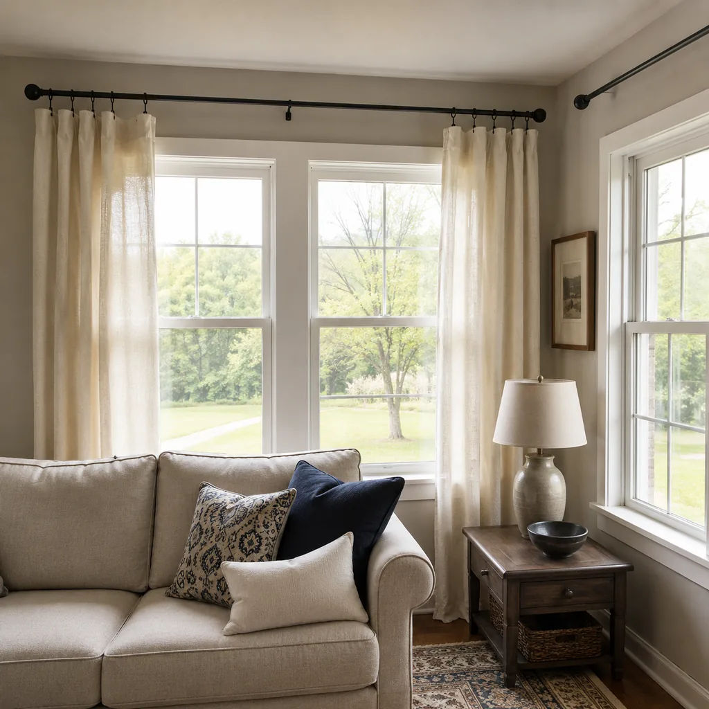 Realistic editorial photo of a small American room with windows, curtains, rods