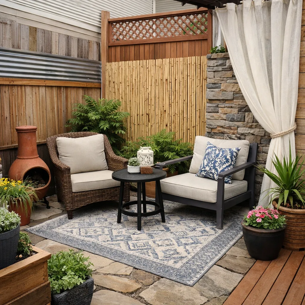 Realistic editorial photo of a small patio with compact seating, outdoor rug, plants, side table, curtains, and privacy screen showing too many materials in one