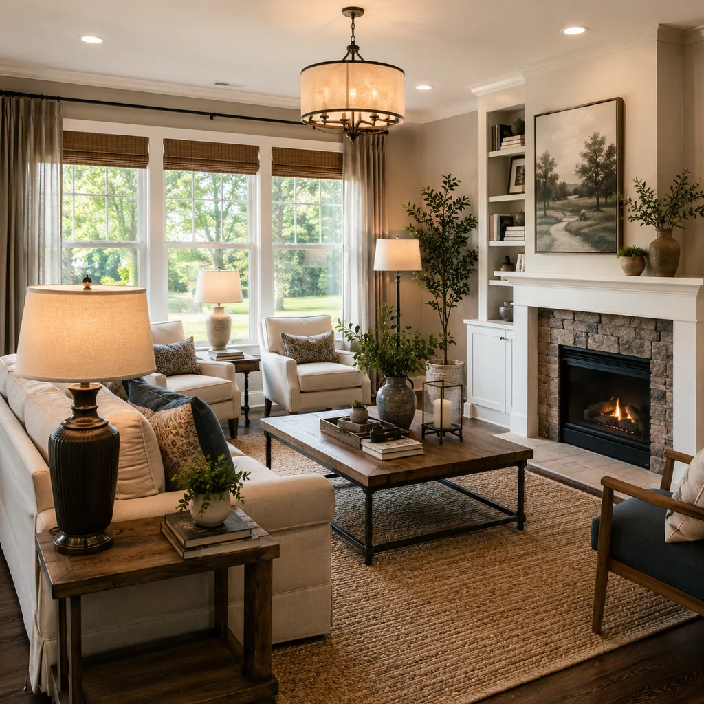 Realistic editorial photo of a staged American living room with sofa, rug, windows, lighting, and buyer-facing details showing layered lighting at three heights