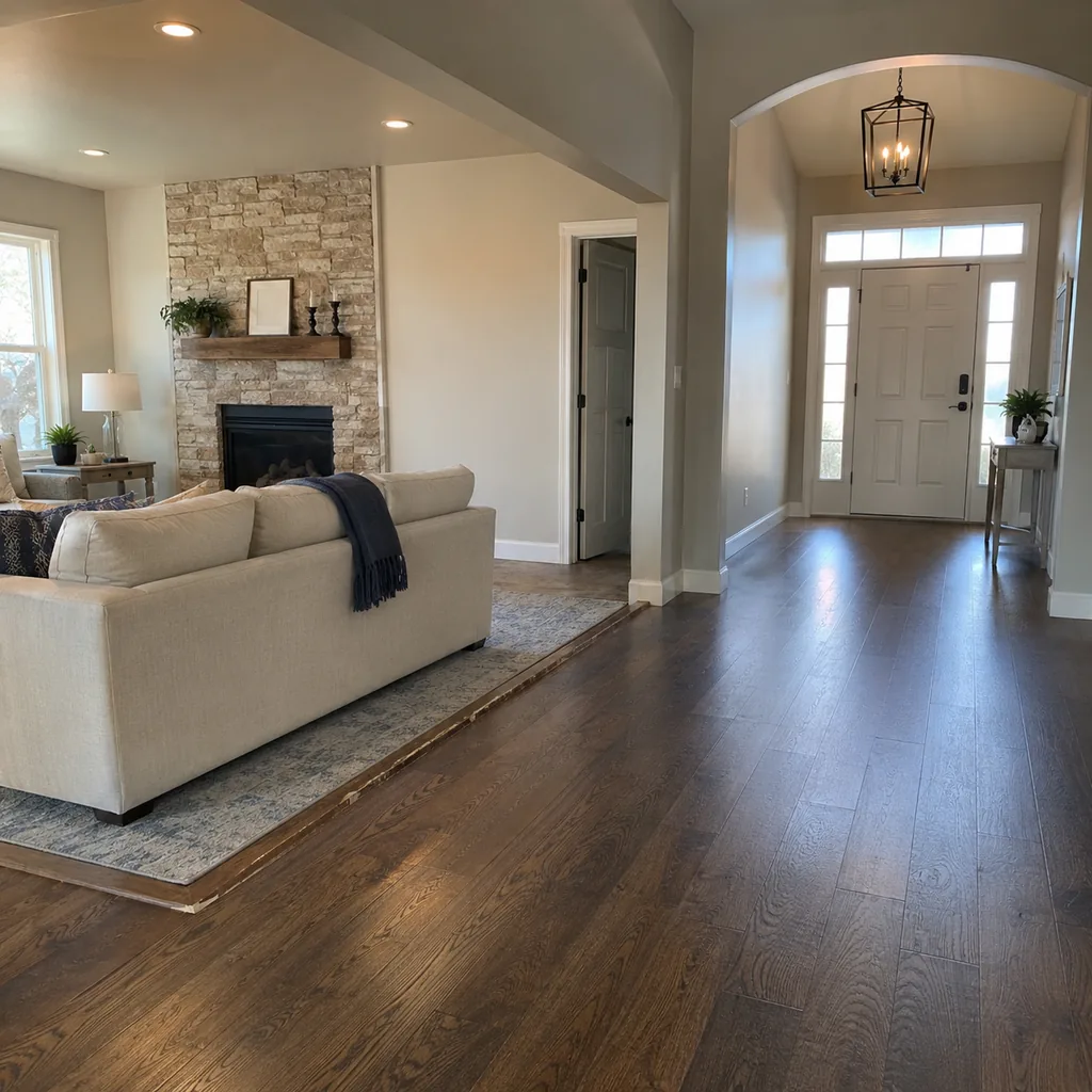 Realistic editorial photo of a staged home interior with living room, entry, lighting, furniture placement, and listing-photo details showing uneven floors near