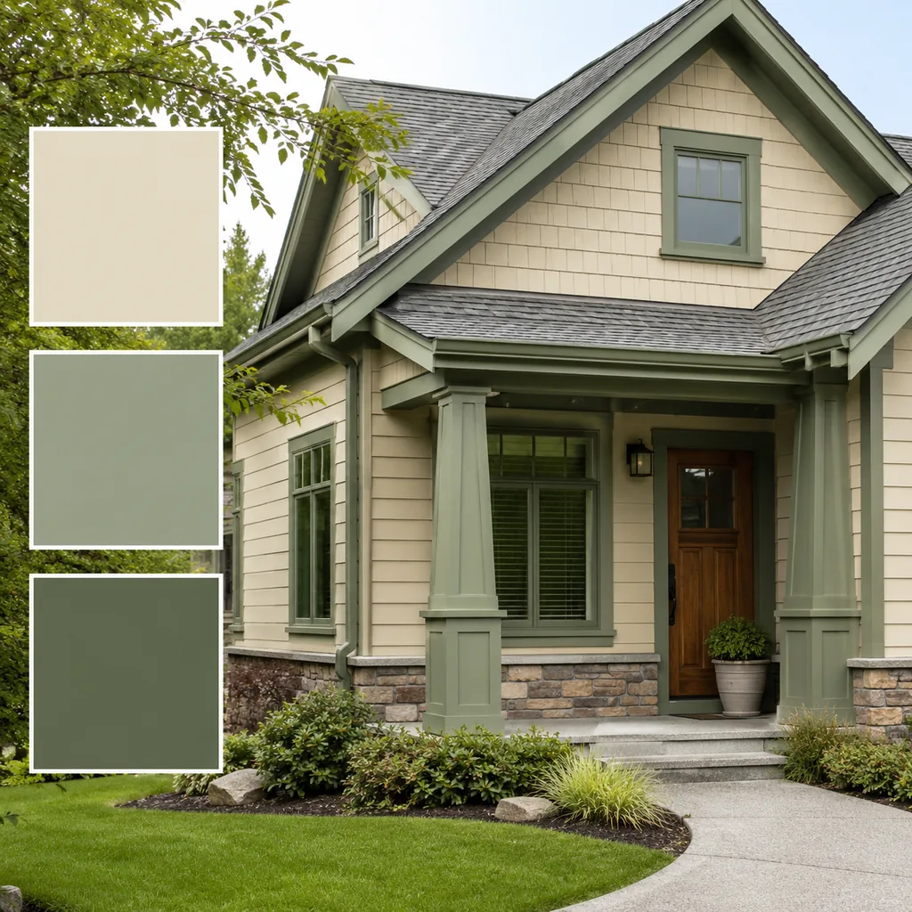 Realistic editorial photo of a suburban home exterior with siding, trim, roof, front door, lawn, and paint swatches showing muted green that makes beige look cl