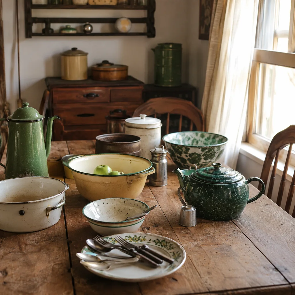 Realistic editorial photo of a vintage kitchen table with bowls, enamel cookware, utensils, tins, and warm window light showing small metal objects with weight