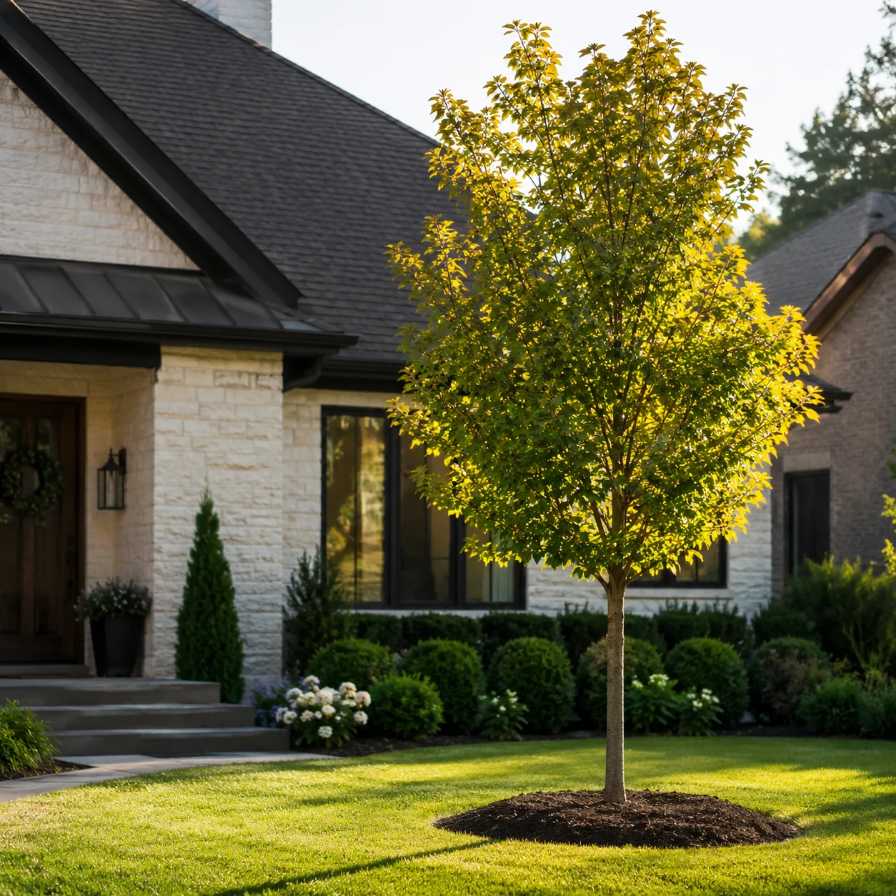 Realistic editorial photo of add one focal tree in polished suburban front yard, realistic editorial photo, natural ligh