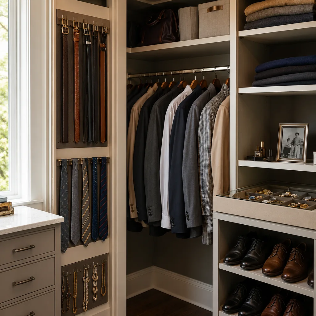 Realistic editorial photo of an American closet showing skipping belt, tie, and jewelry storage