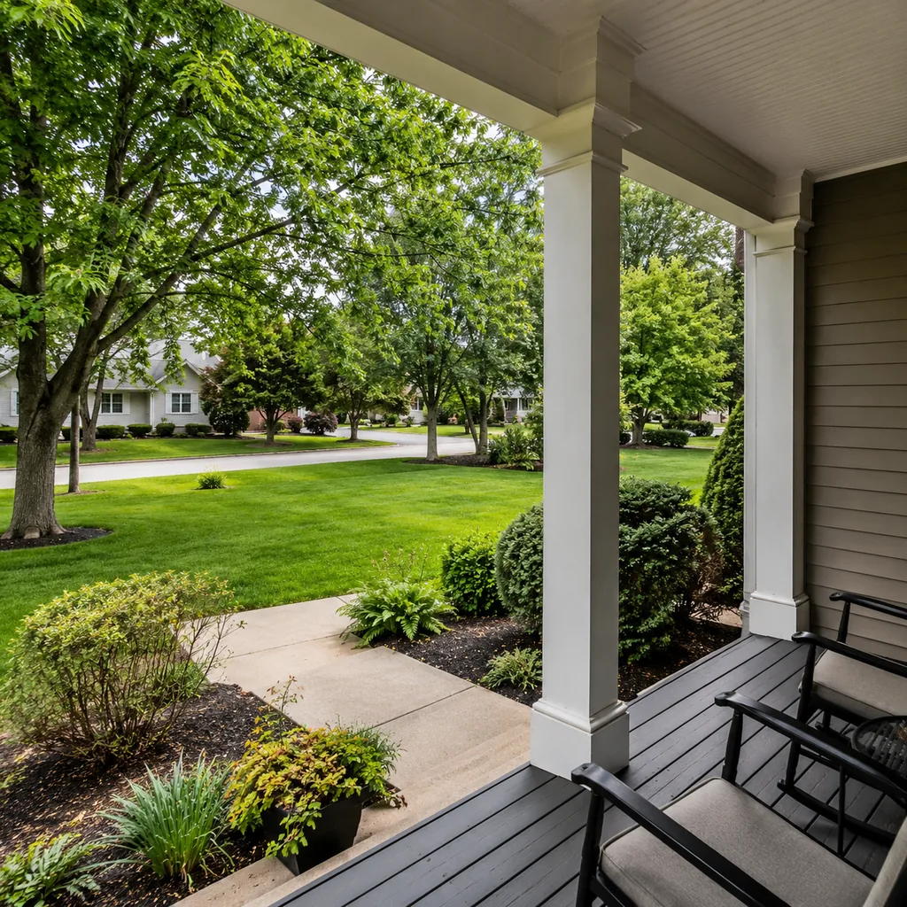 Realistic editorial photo of an American front yard with lawn, shrubs, walkway, mulch beds, trees, and a front porch showing view from inside that looks empty