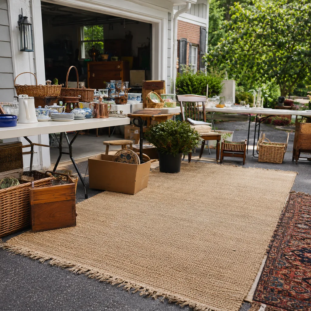 Realistic editorial photo of an American garage sale with folding tables, boxes, old kitchen items, furniture, and collectibles showing quality rugs with natura
