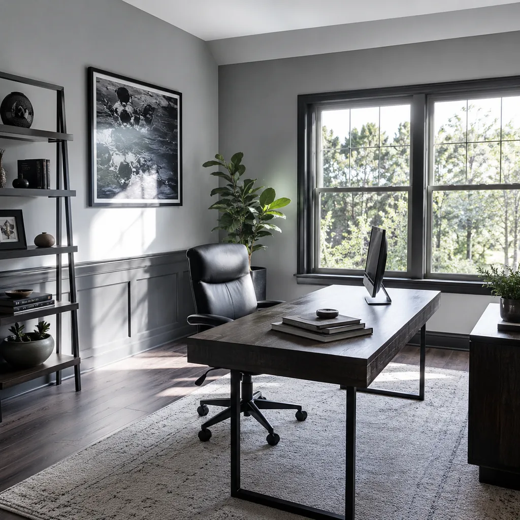Realistic editorial photo of an American home office showing using cool harsh lighting all day