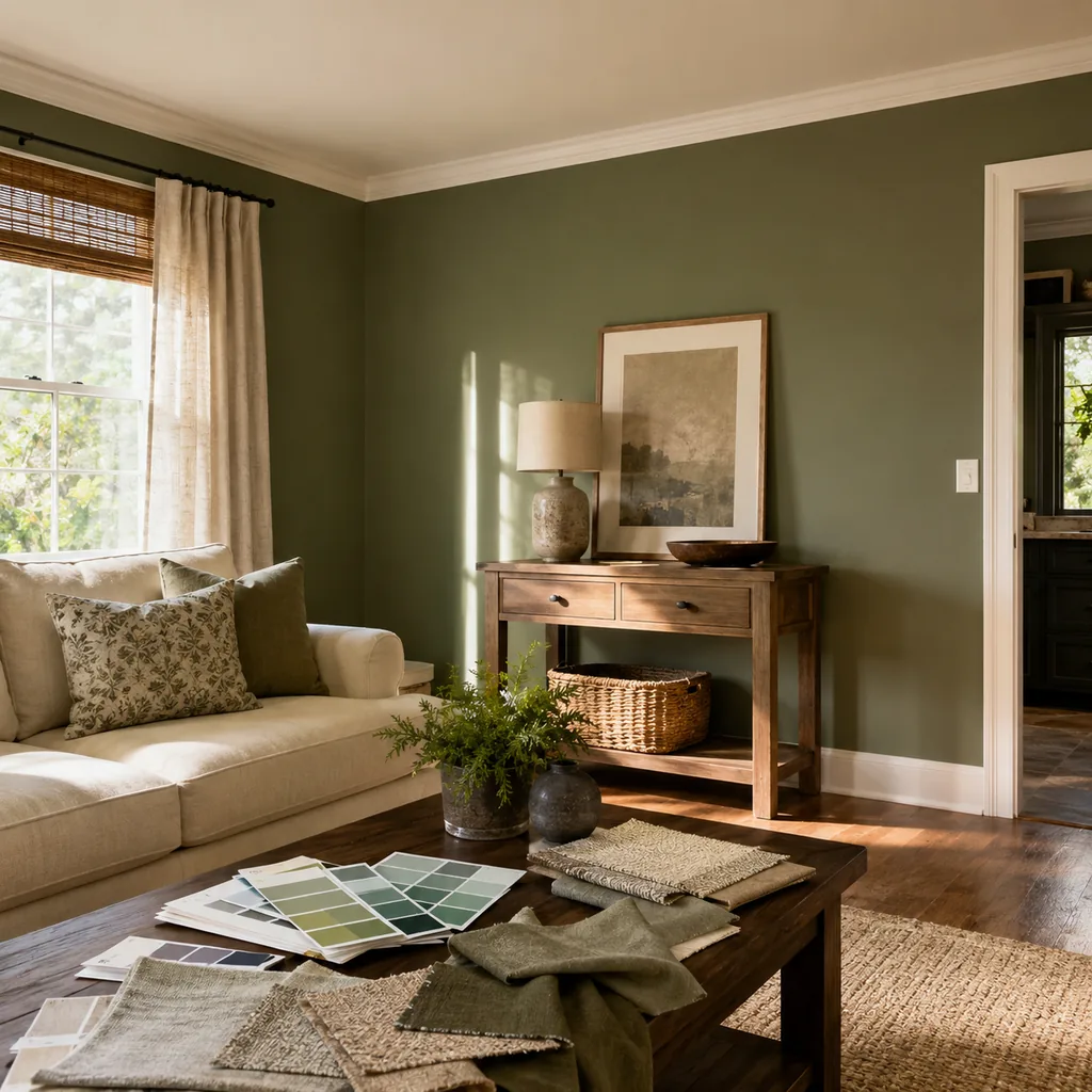 Realistic editorial photo of an American living room with paint swatches, sofa fabric, wall colors, and natural light showing green chosen without testing sunli