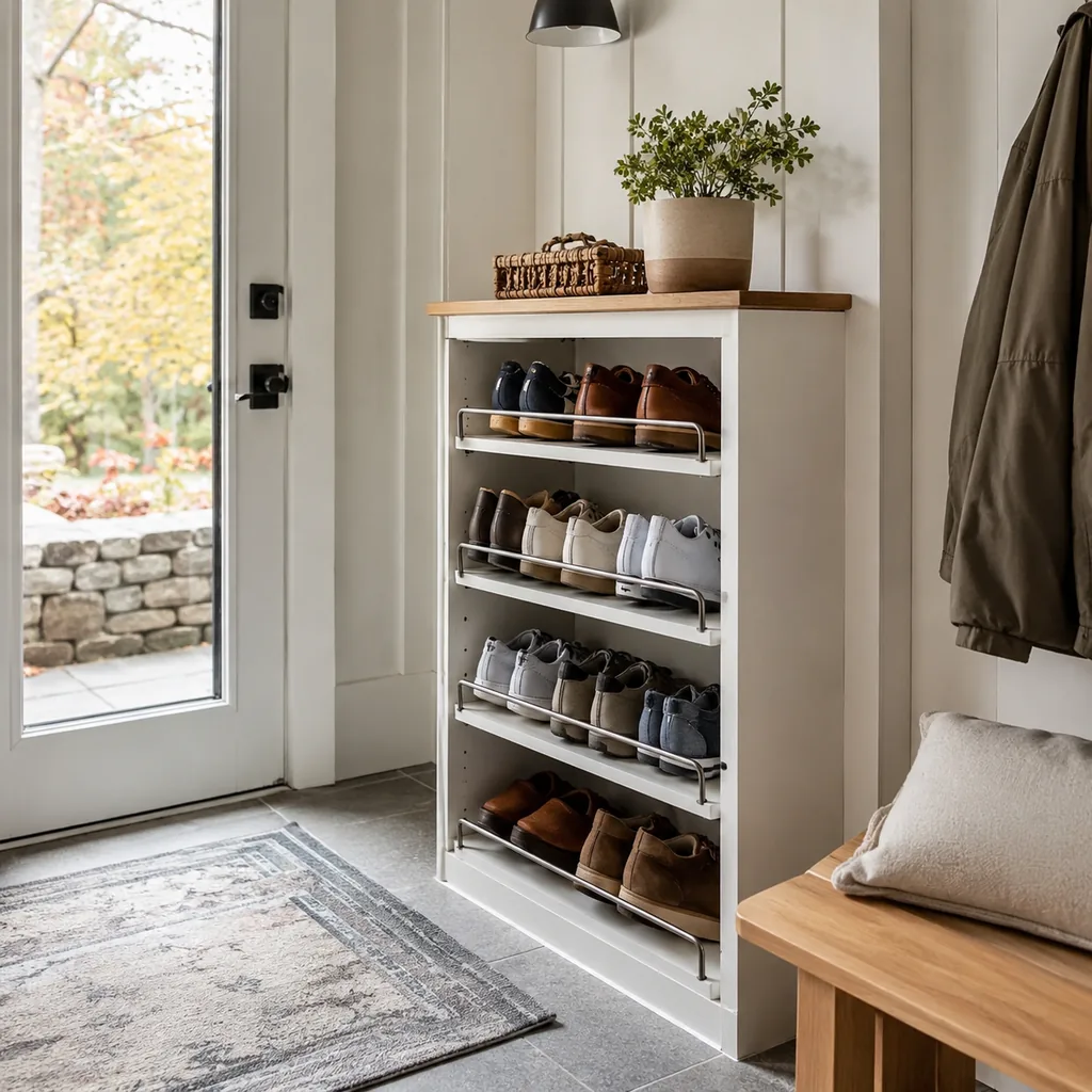 Realistic editorial photo of an American mudroom showing making shoe storage shallow