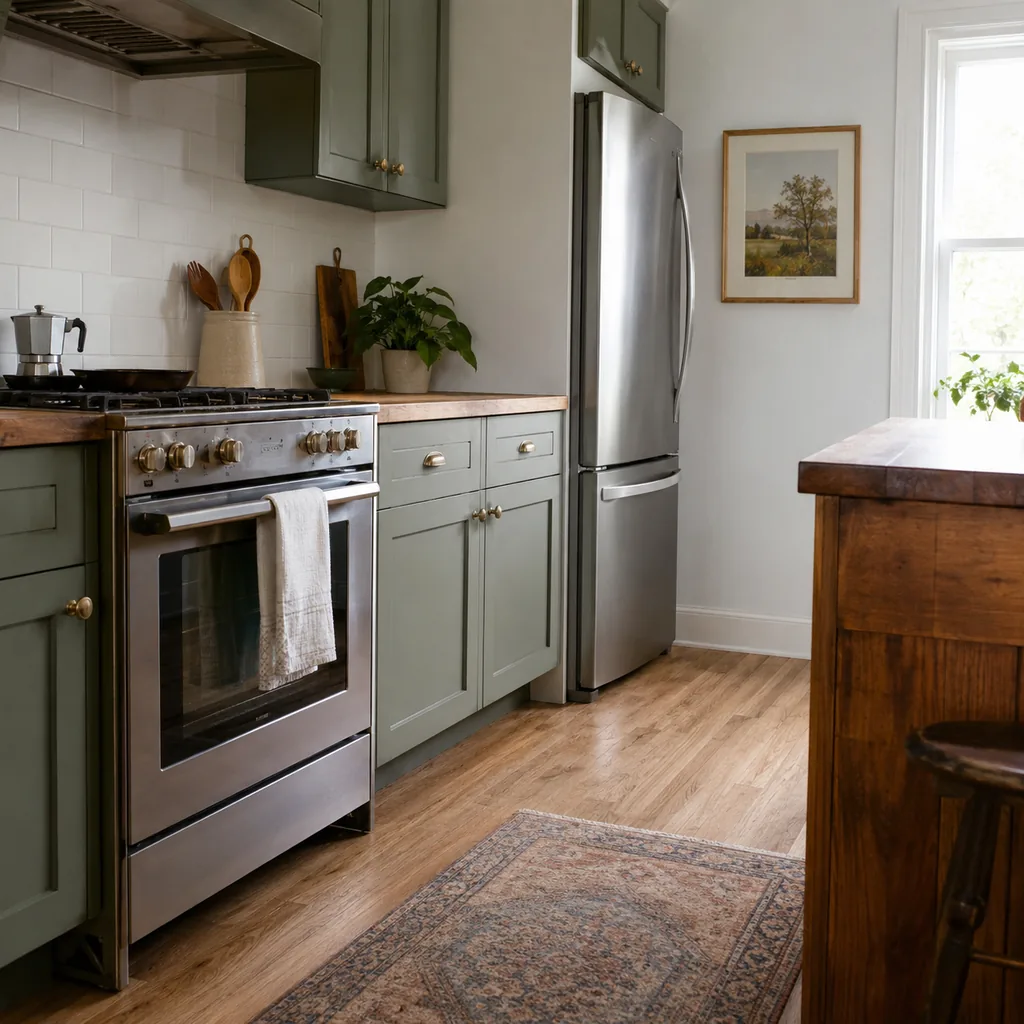 Realistic editorial photo of an American small kitchen showing ignoring toe-kick storage