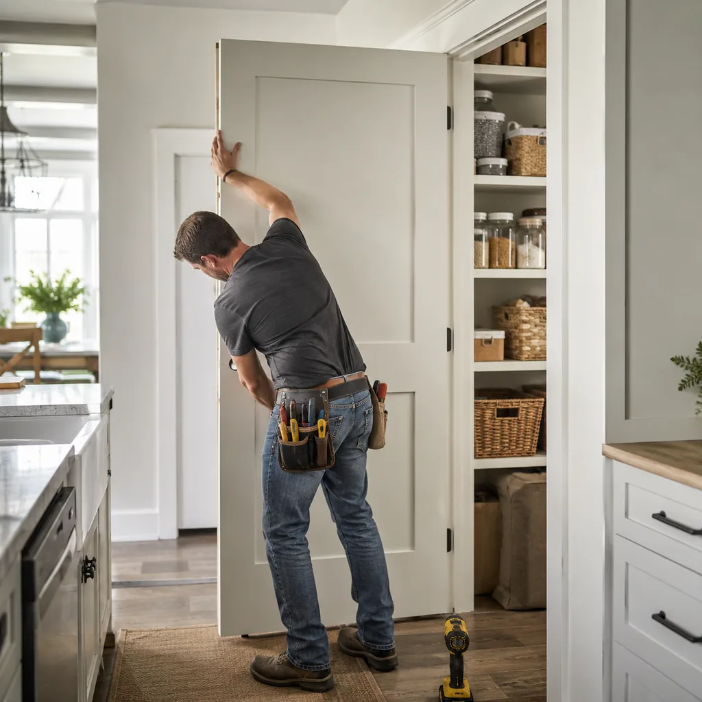 Realistic editorial photo of an American walk-in pantry showing installing a door that blocks kitchen traffic