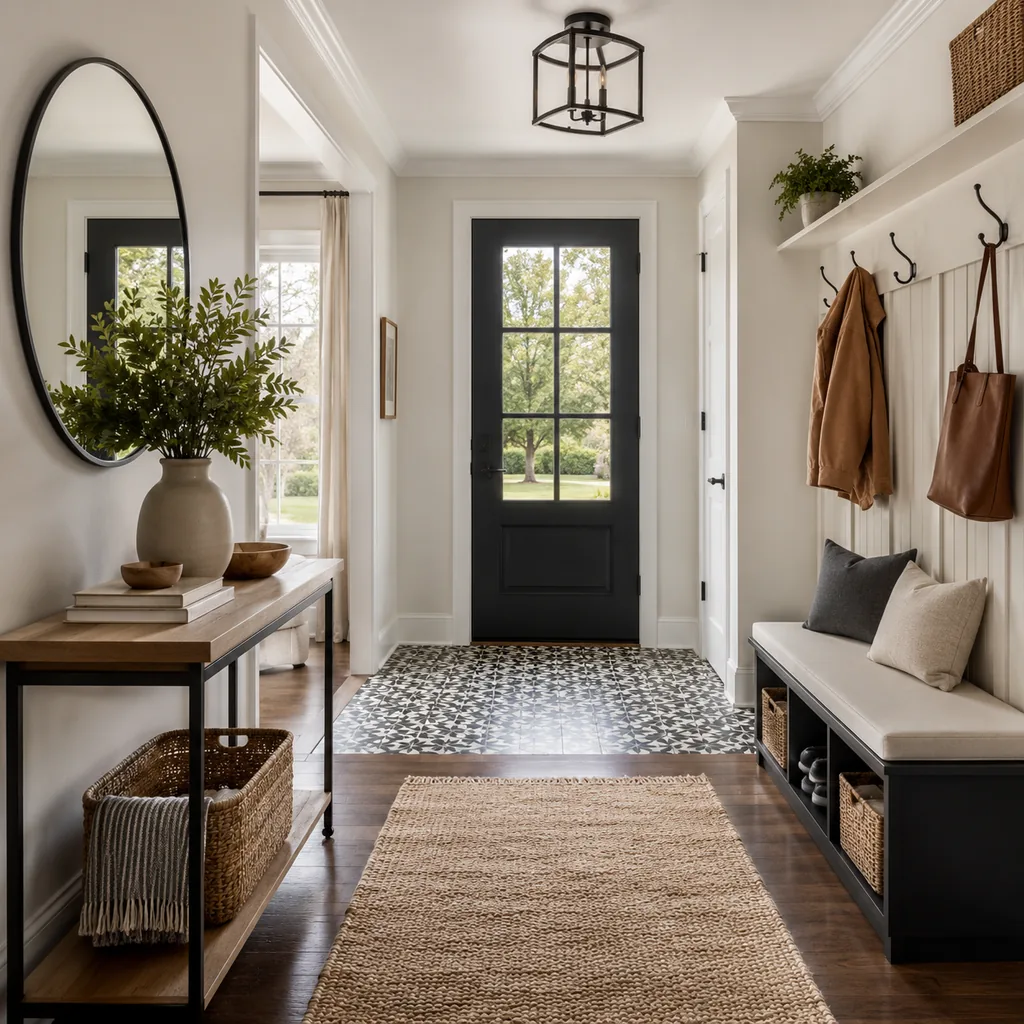 Realistic editorial photo of an entryway with console table, mirror, bench, hooks, rug, lighting, and storage showing patterned tile used in one controlled zone