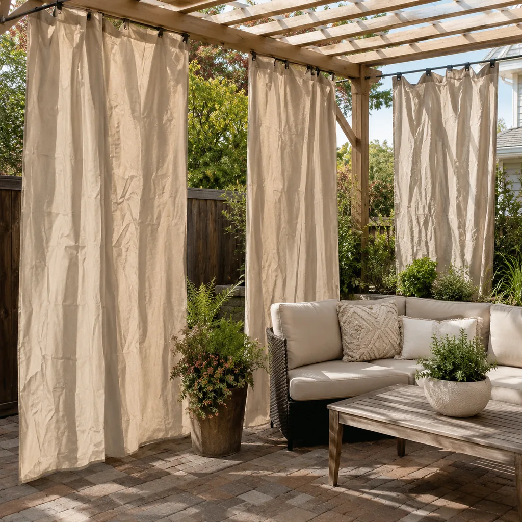 Realistic editorial photo of an outdoor patio with pergola curtains, seating, plants, fabric panels, and sunlight showing wrinkled curtains hung straight from p