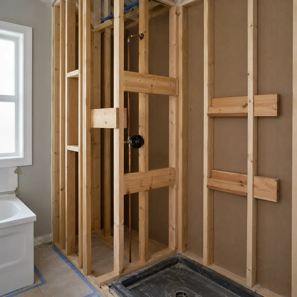 Realistic editorial photo of bathroom wall studs with wood blocking installed for future grab bars, towel bars, and glass shower hardware, remodel construction 