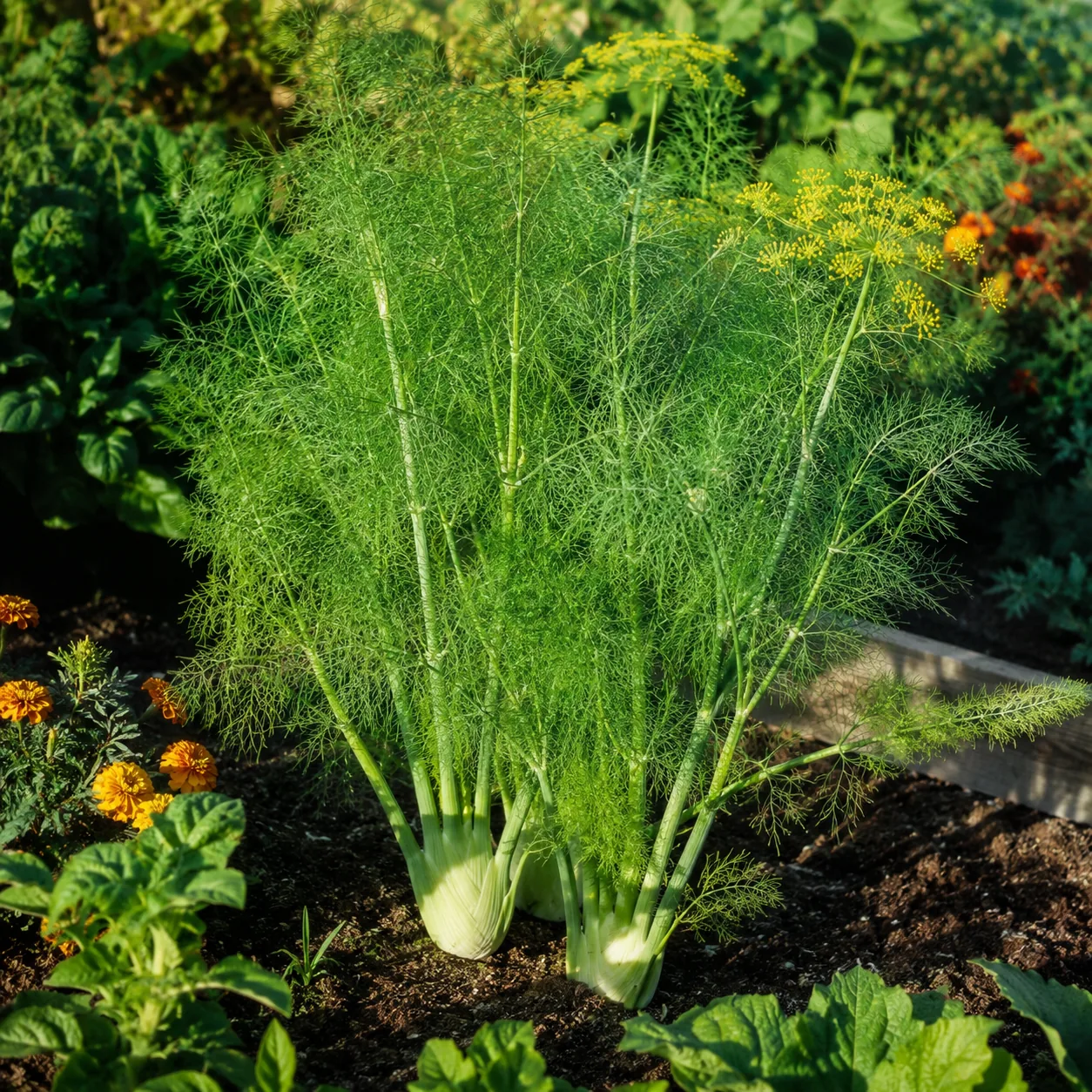 Realistic editorial photo of Fennel in its own corner growing in a practical edible and flower garden, realistic editori