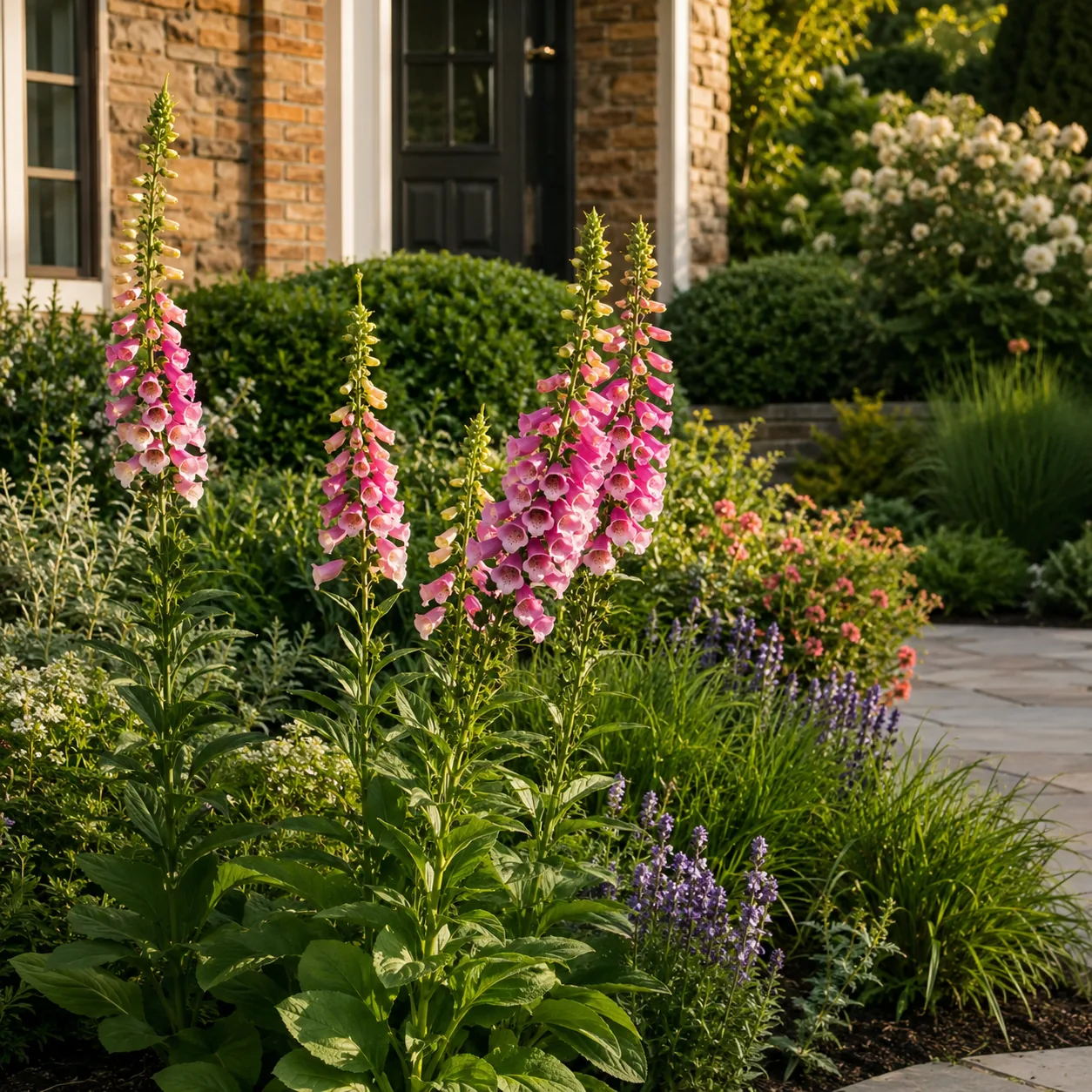 Realistic editorial photo of Foxglove with caution growing in front yard border with deer resistant flowering plants, re