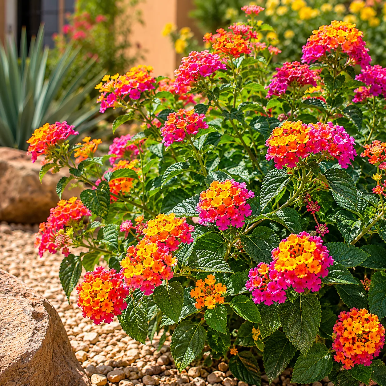 Realistic editorial photo of Lantana growing in sunny drought tolerant flower bed in summer heat, realistic editorial ph
