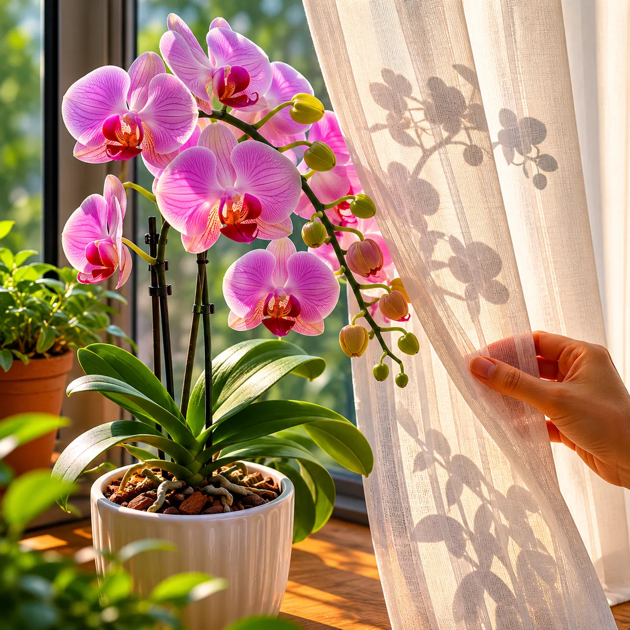 Realistic editorial photo of orchid protected from afternoon sun by sheer curtain, warm natural light, practical home ga