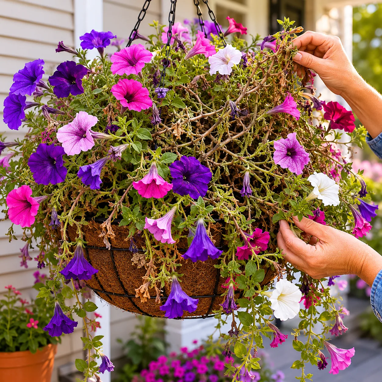 Realistic editorial photo of overcrowded petunia basket with tangled stems, warm natural light, practical home gardening