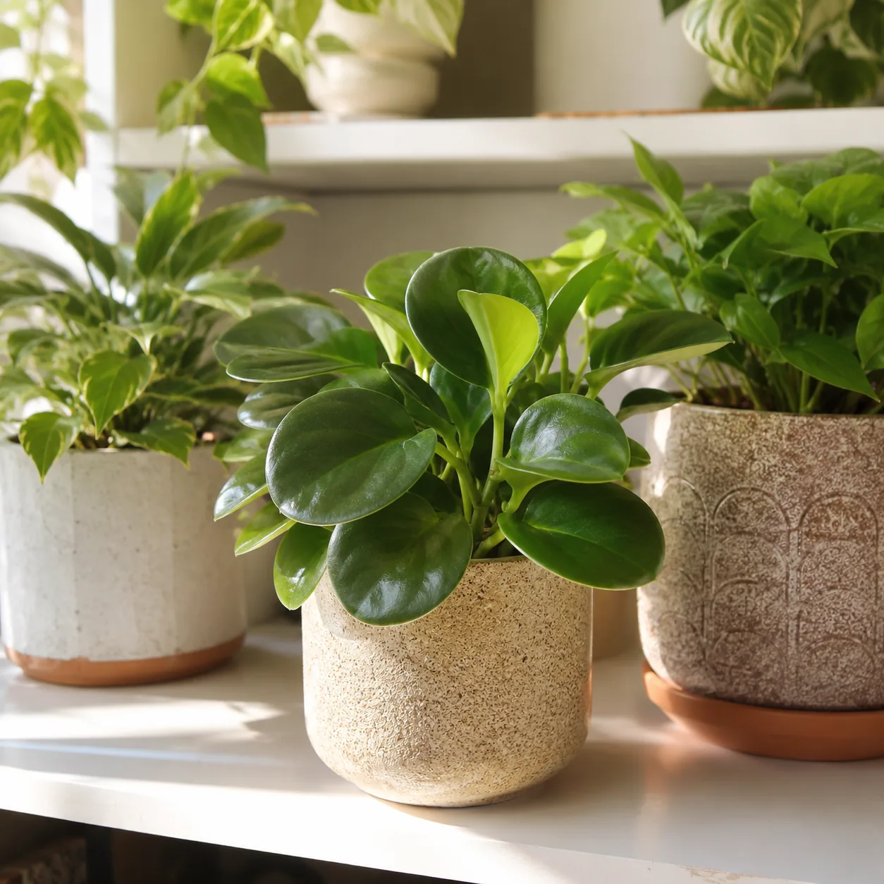 Realistic editorial photo of Peperomia obtusifolia growing in bright indoor shelf with low maintenance houseplants, real
