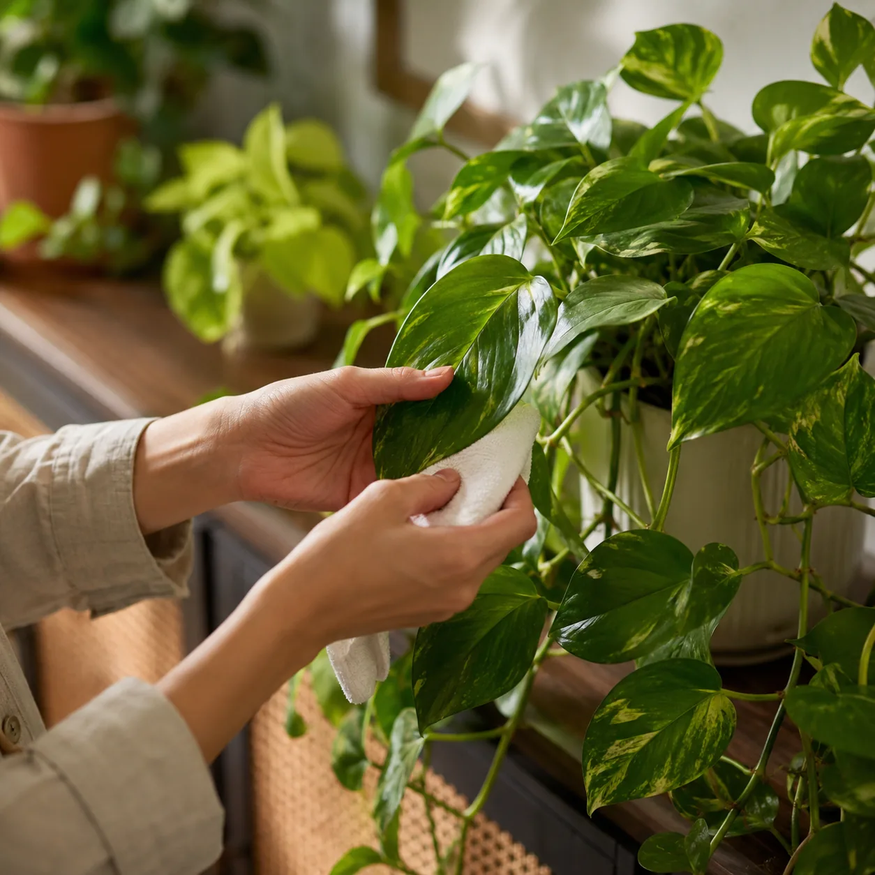 Realistic editorial photo of person wiping dust from pothos leaves with damp cloth, warm natural light, practical home g