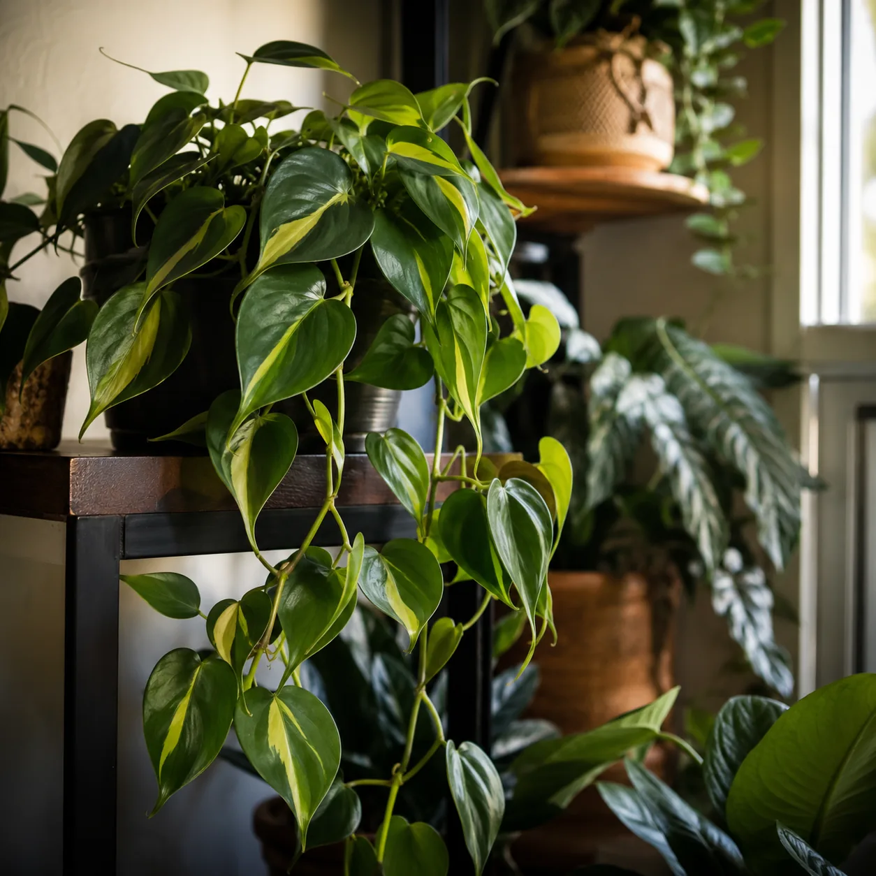 Realistic editorial photo of Philodendron Brasil growing in low light room corner with houseplants near a window, realis