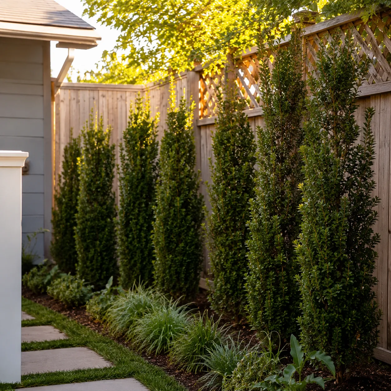 Realistic editorial photo of plant tall narrow shrubs in small fenced backyard, realistic editorial photo, natural light