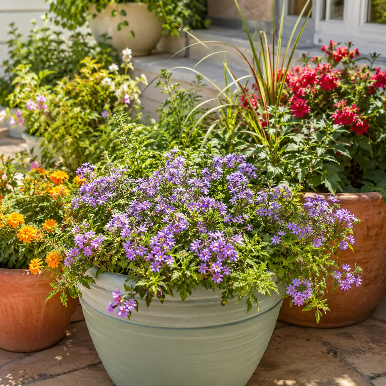 Realistic editorial photo of Scaevola growing in sunny patio containers with heat tolerant flowering plants, realistic e