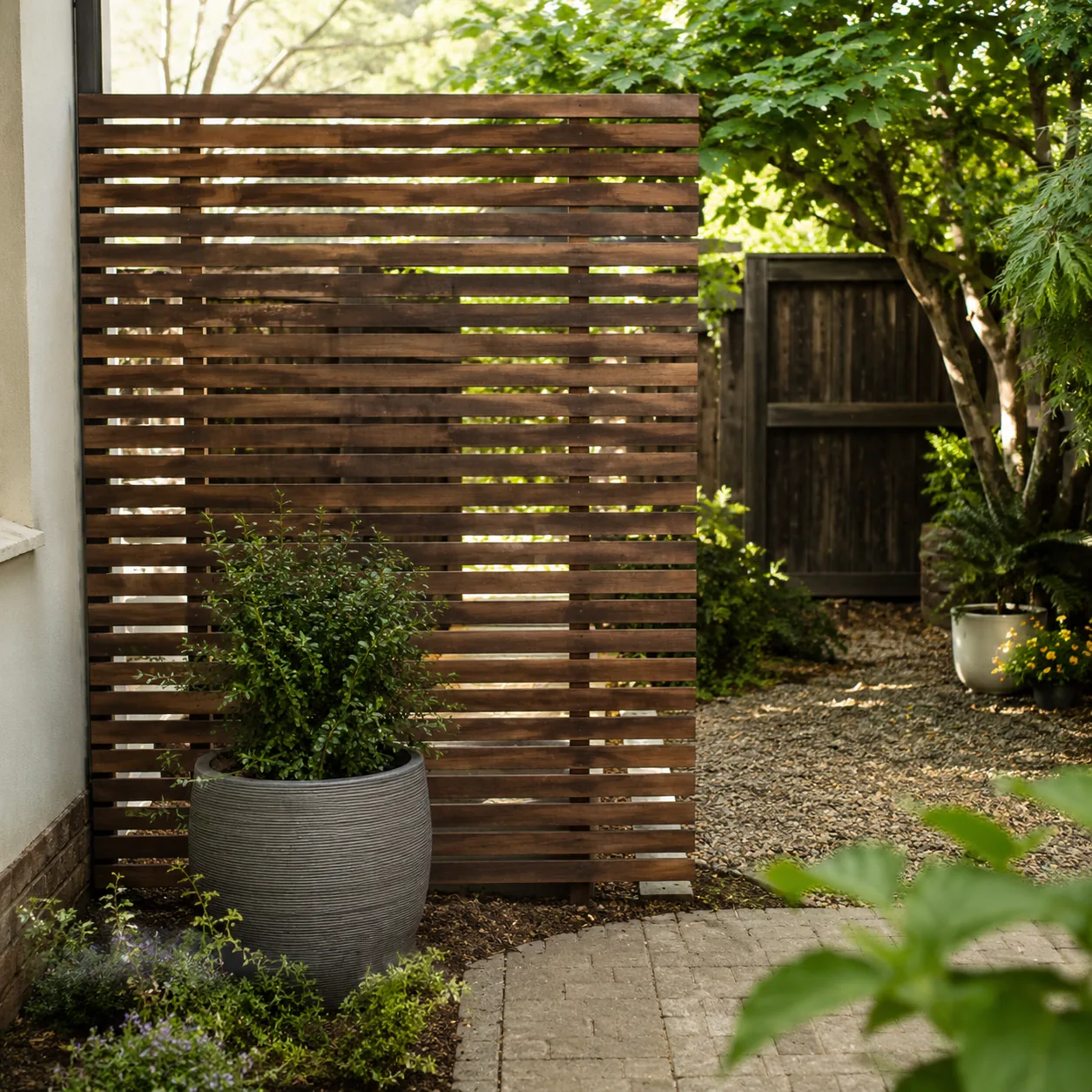 Realistic editorial photo of slatted wood screen in an ordinary backyard needing privacy, realistic editorial photo, nat