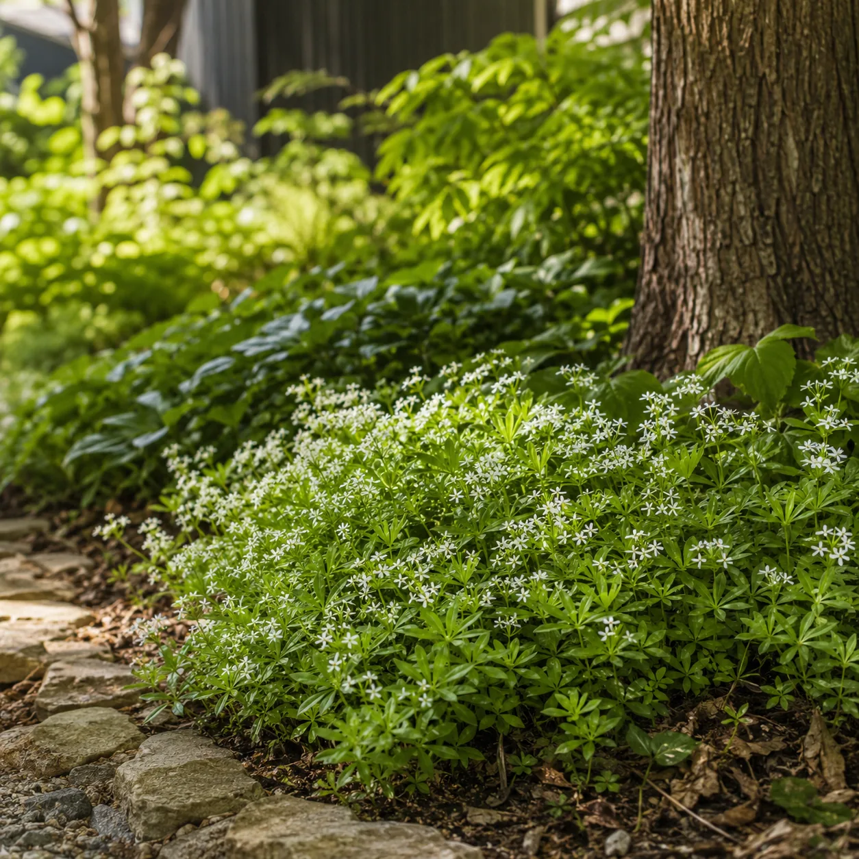 Realistic editorial photo of Sweet woodruff growing in dry shady side yard under mature trees planted with shade toleran