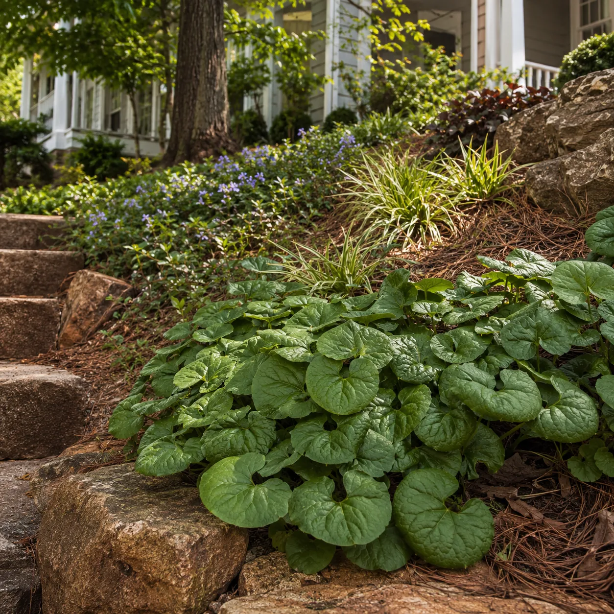 Realistic editorial photo of Wild ginger growing in sloped front yard planted with controlled ground covers, realistic e