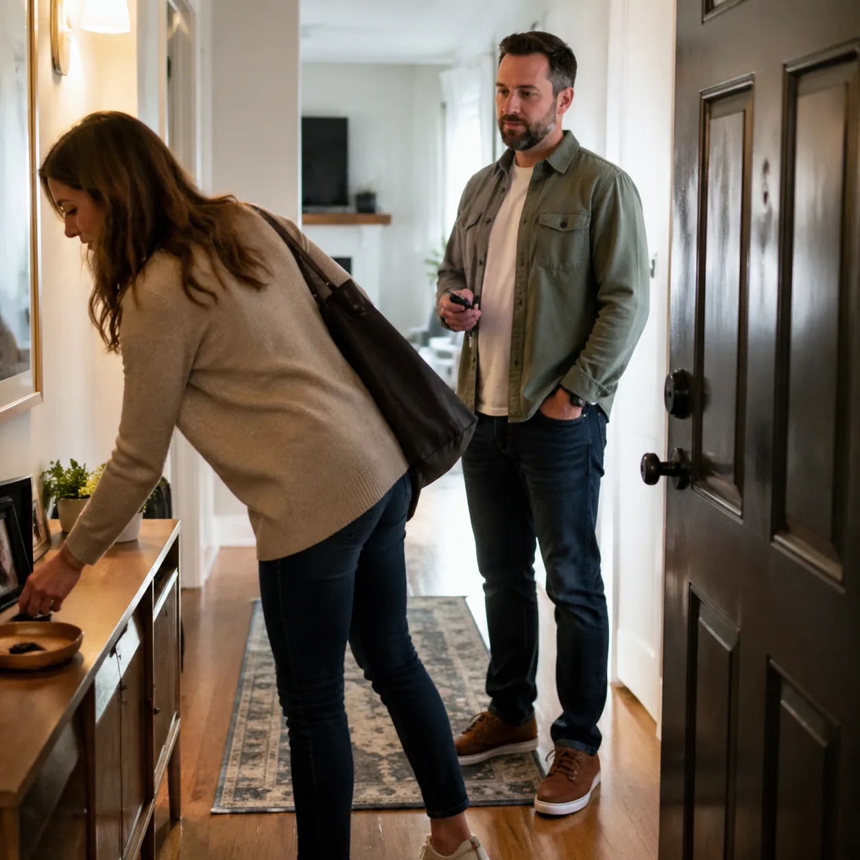 Realistic lifestyle photo of a husband standing patiently near the front door holding car keys while his wife grabs anot