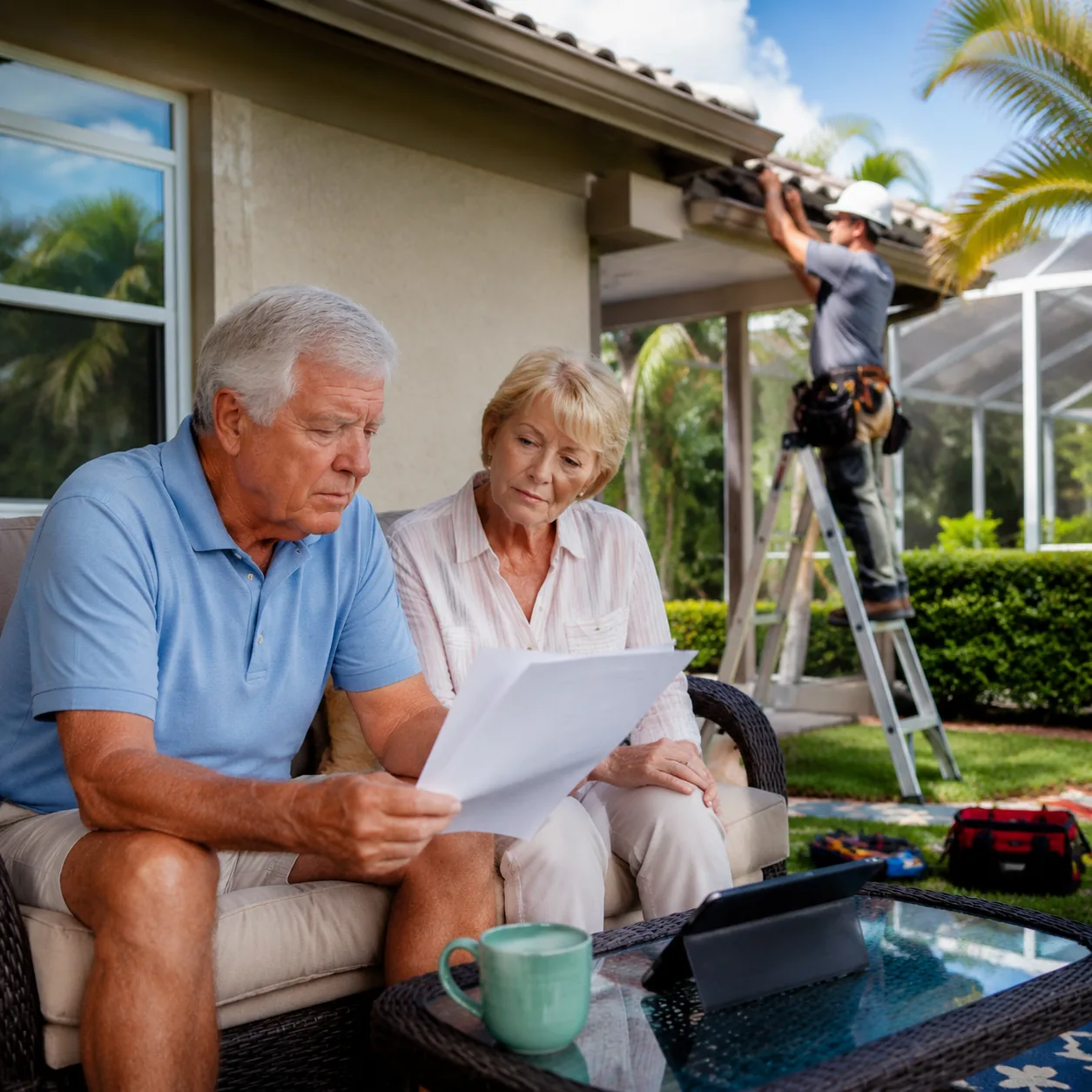 retired couple waiting with repair estimate while contractor works outside Florida home, realistic editorial lifestyle p
